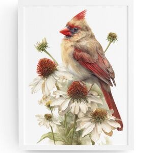 Watercolor Female Cardinal Bird with Coneflowers Wall Art Print Unframed